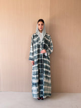 Zainah cut abaya in dark green with cream printed stripe