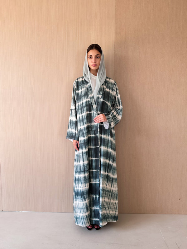 Zainah cut abaya in dark green with cream printed stripe