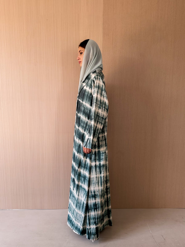 Zainah cut abaya in dark green with cream printed stripe
