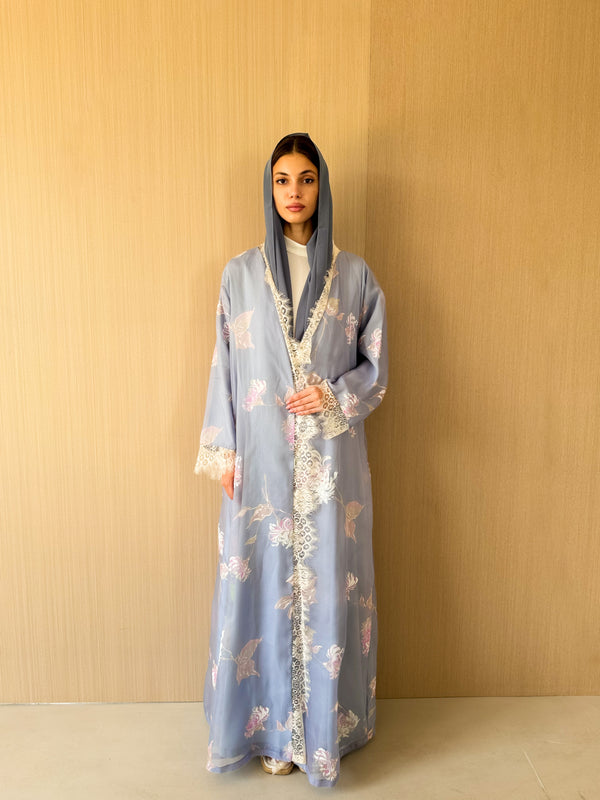 V neck abaya with tulle lace on front and sleeves in grey mix
