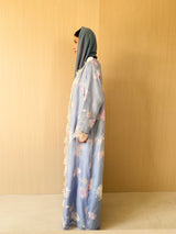 V neck abaya with tulle lace on front and sleeves in grey mix