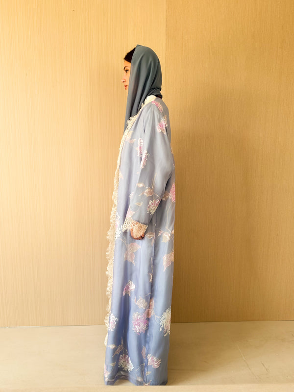 V neck abaya with tulle lace on front and sleeves in grey mix