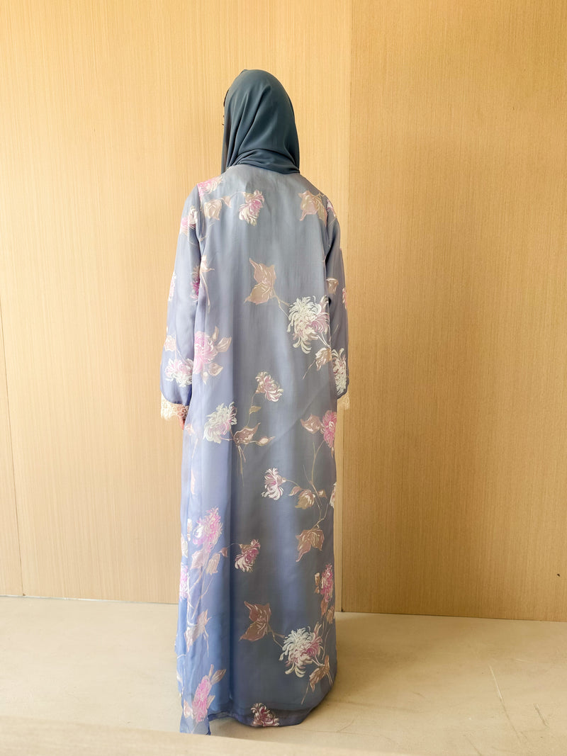 V neck abaya with tulle lace on front and sleeves in grey mix