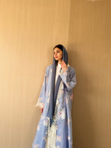 V neck abaya with tulle lace on front and sleeves in grey mix