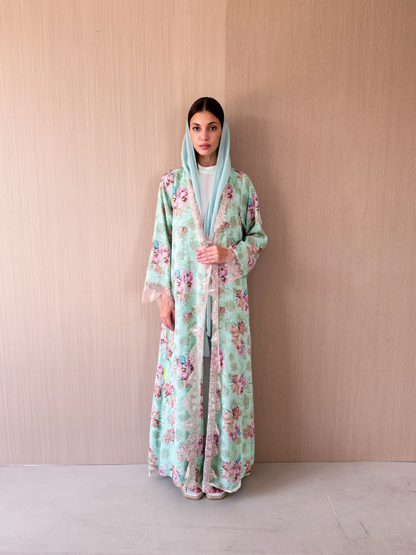 V neck abaya with tulle lace on front and sleeves in mint green
