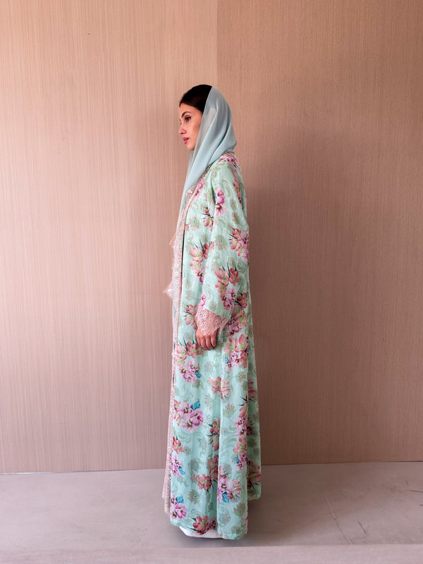 V neck abaya with tulle lace on front and sleeves in mint green