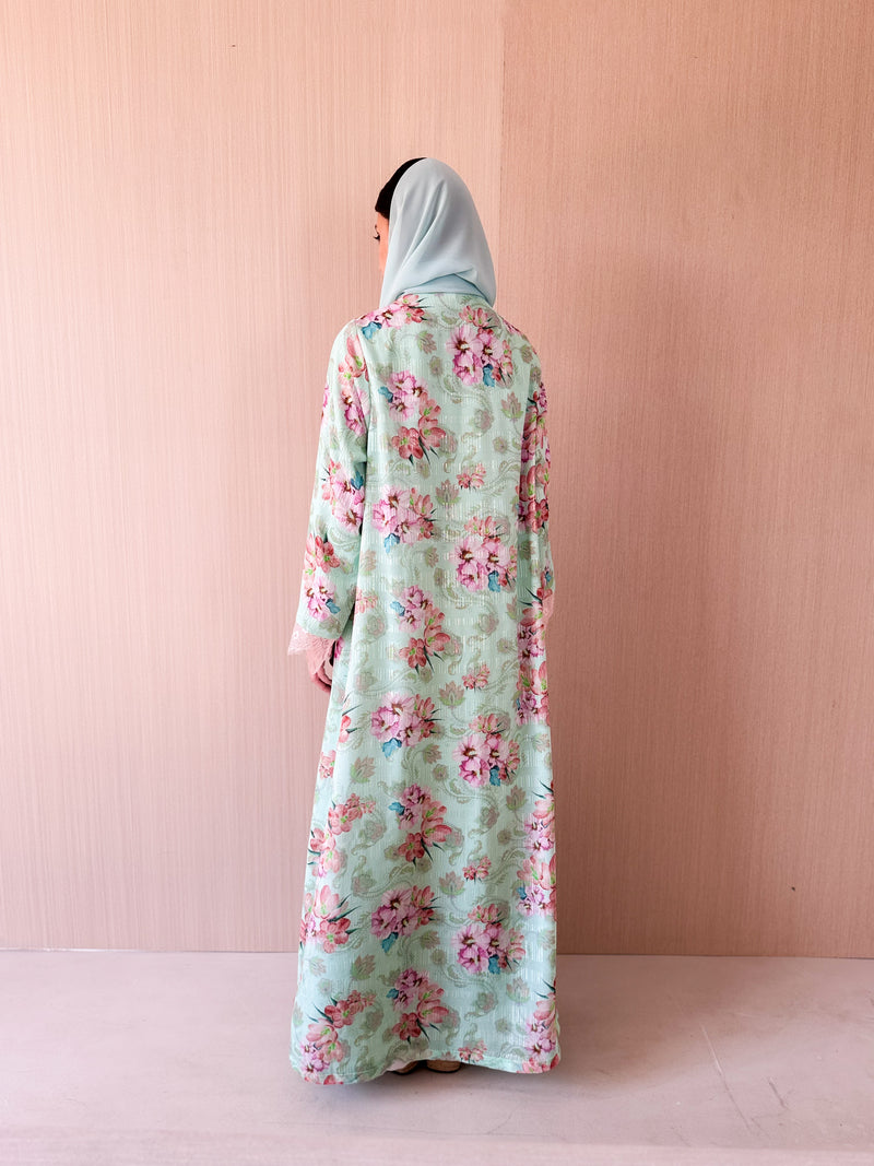 V neck abaya with tulle lace on front and sleeves in mint green
