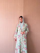 V neck abaya with tulle lace on front and sleeves in mint green