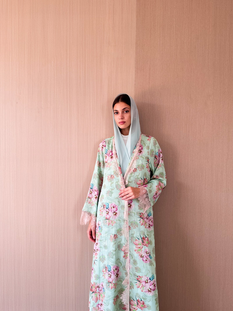 V neck abaya with tulle lace on front and sleeves in mint green