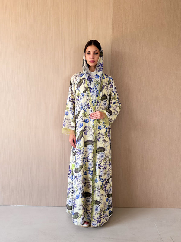 V neck abaya with lace at front and sleeves in mixed color