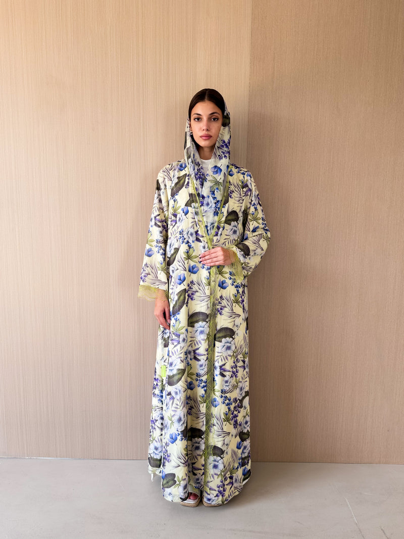 V neck abaya with lace at front and sleeves in mixed color