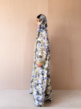 V neck abaya with lace at front and sleeves in mixed color