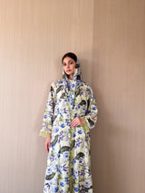 V neck abaya with lace at front and sleeves in mixed color