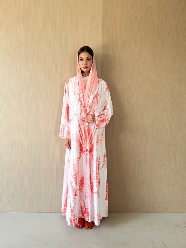 Zainah cut abaya in off white with red mix stripe printed cotton silk