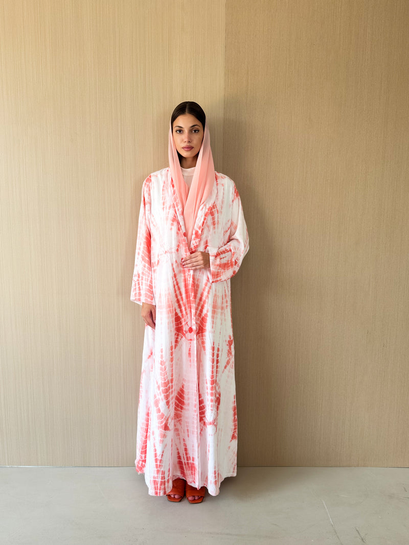 Zainah cut abaya in off white with red mix stripe printed cotton silk