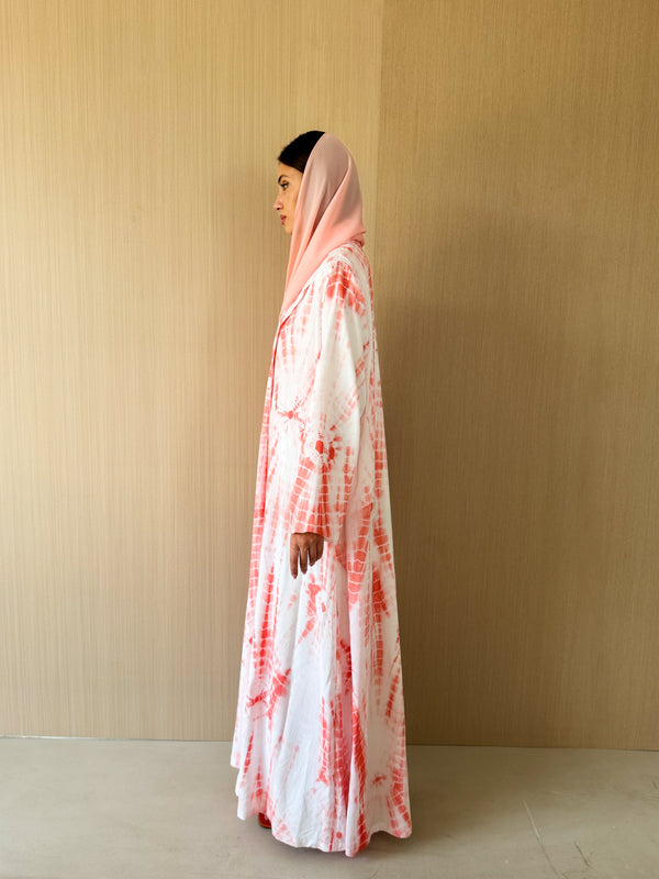 Zainah cut abaya in off white with red mix stripe printed cotton silk