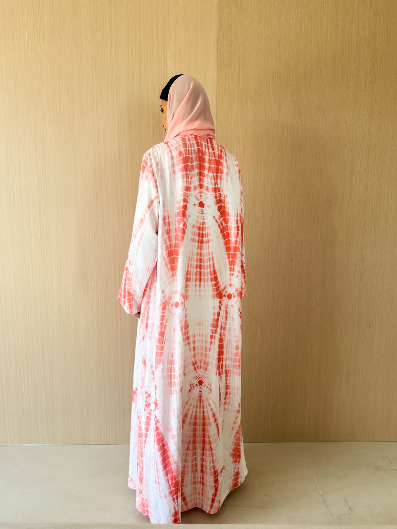 Zainah cut abaya in off white with red mix stripe printed cotton silk