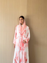 Zainah cut abaya in off white with red mix stripe printed cotton silk