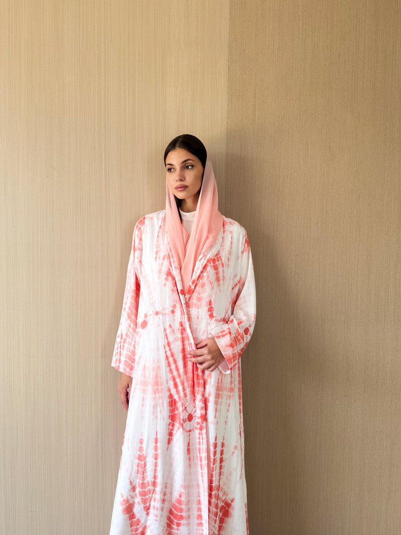 Zainah cut abaya in off white with red mix stripe printed cotton silk