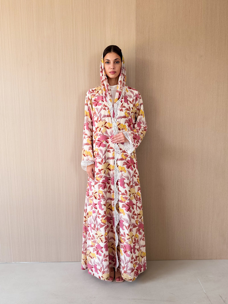 V Neck Abaya - Curvy Crochet Lace on Front and Sleeves