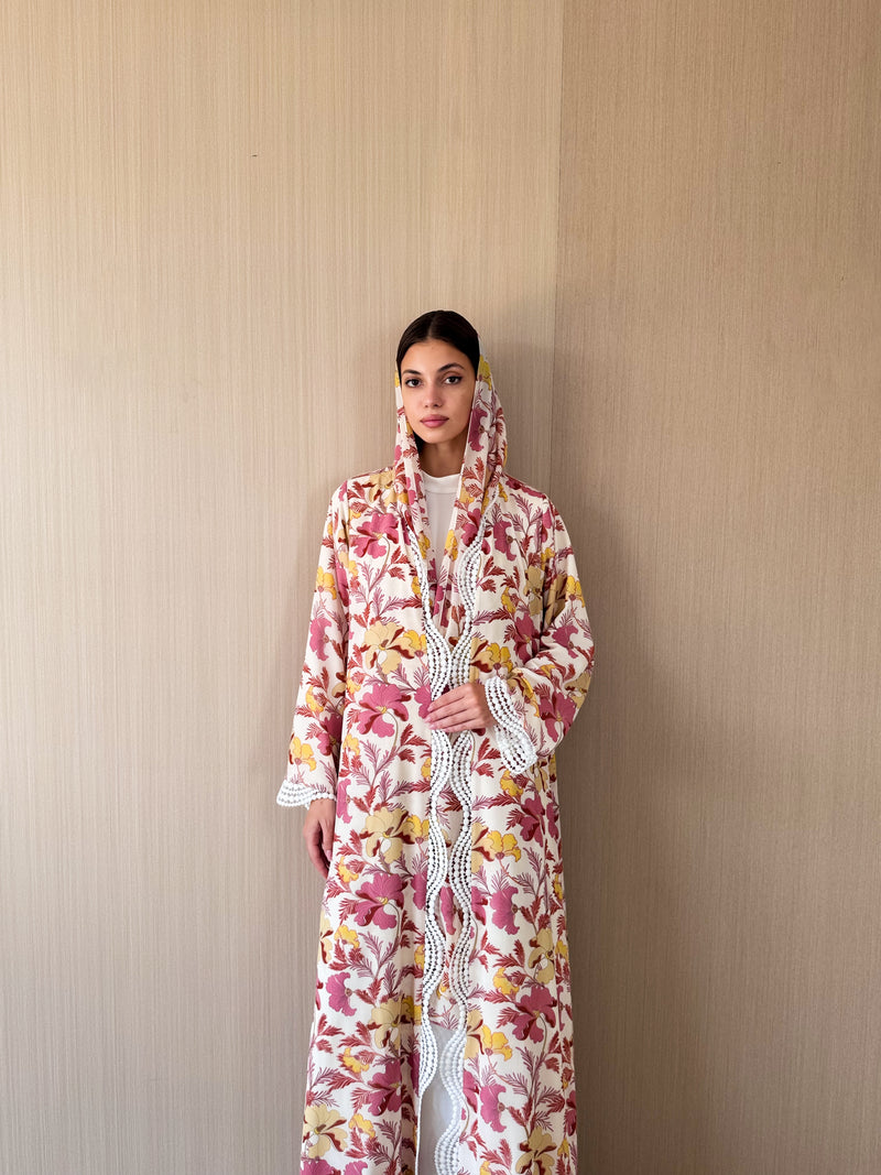 V Neck Abaya - Curvy Crochet Lace on Front and Sleeves