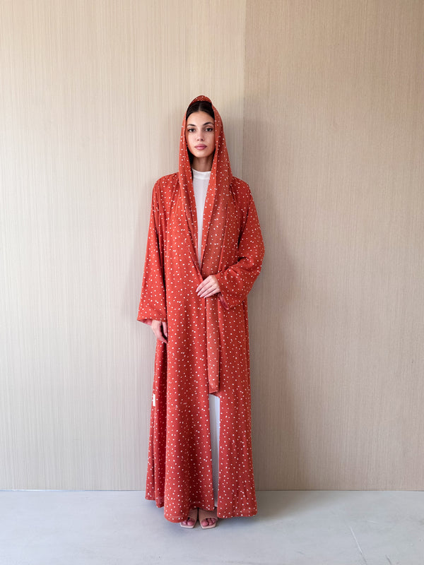 V Neck Abaya - Mustard With Off White Polka Dots
