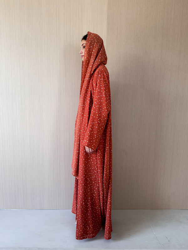 V Neck Abaya - Mustard With Off White Polka Dots