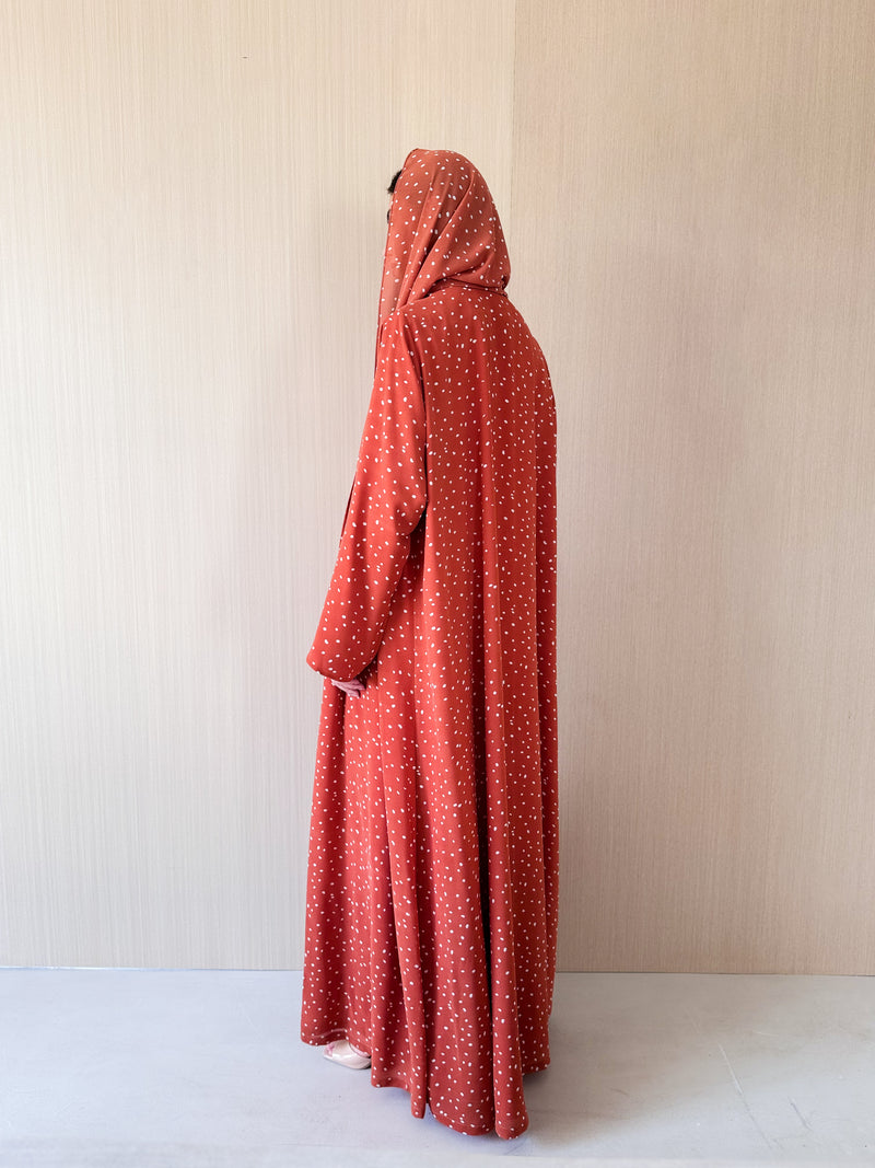 V Neck Abaya - Mustard With Off White Polka Dots