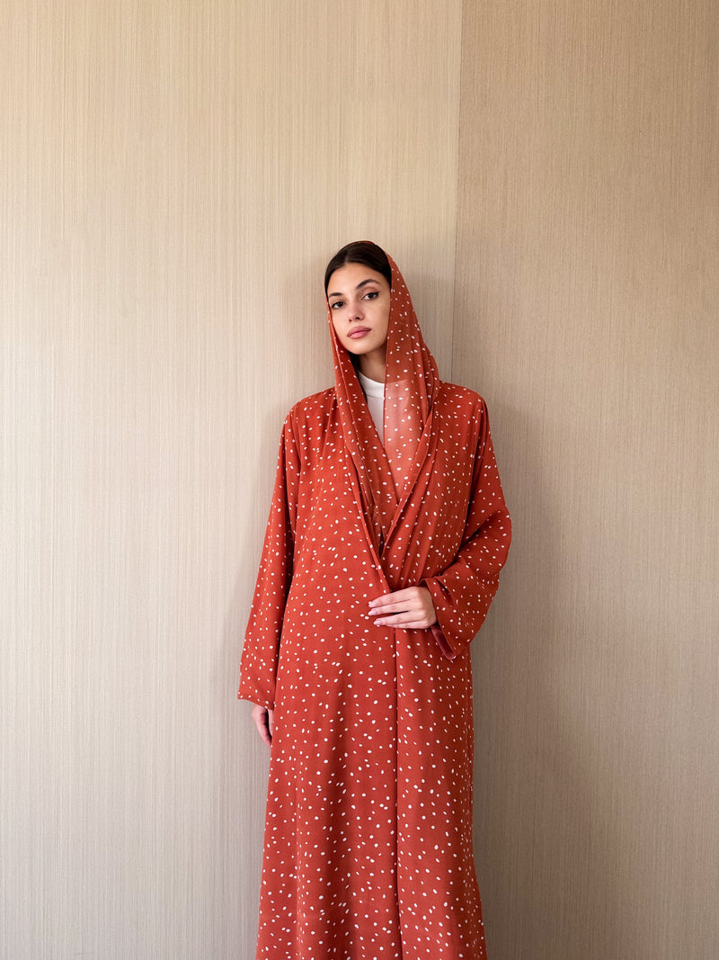 V Neck Abaya - Mustard With Off White Polka Dots