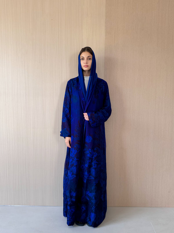Zainah cut abaya in blue with black mixed printed pure silk