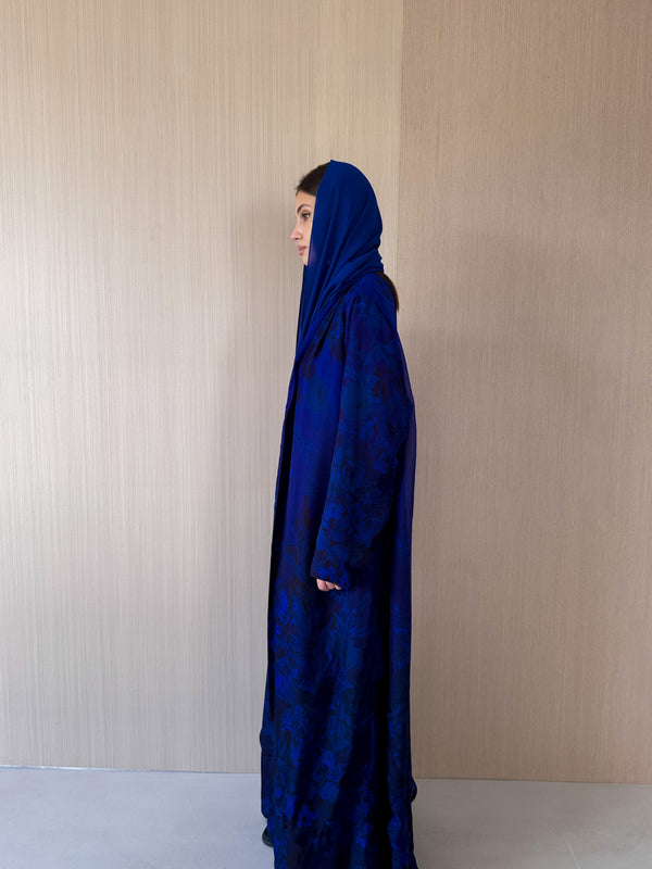 Zainah cut abaya in blue with black mixed printed pure silk
