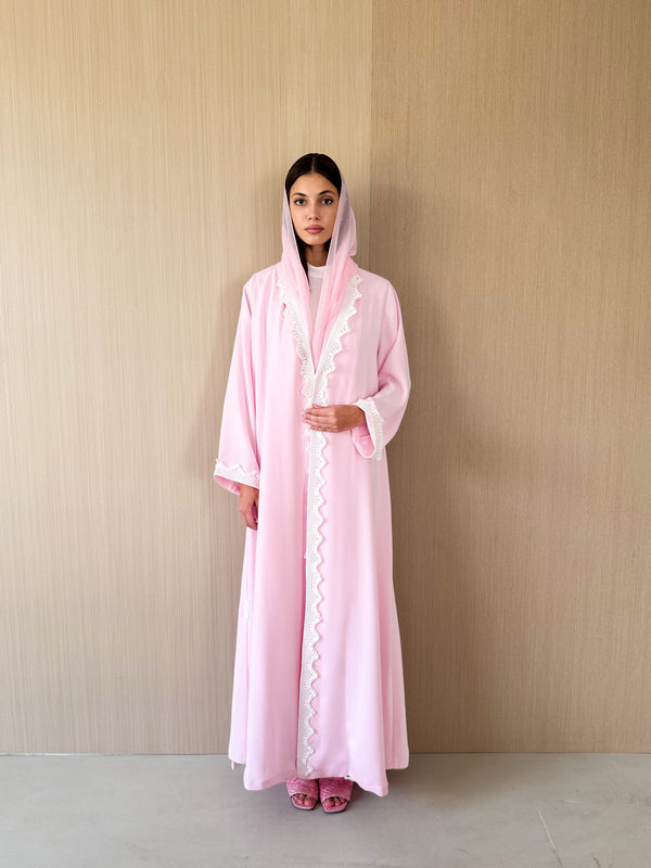 Zainah Cut Abaya in Pink With White curvy Emb Lace