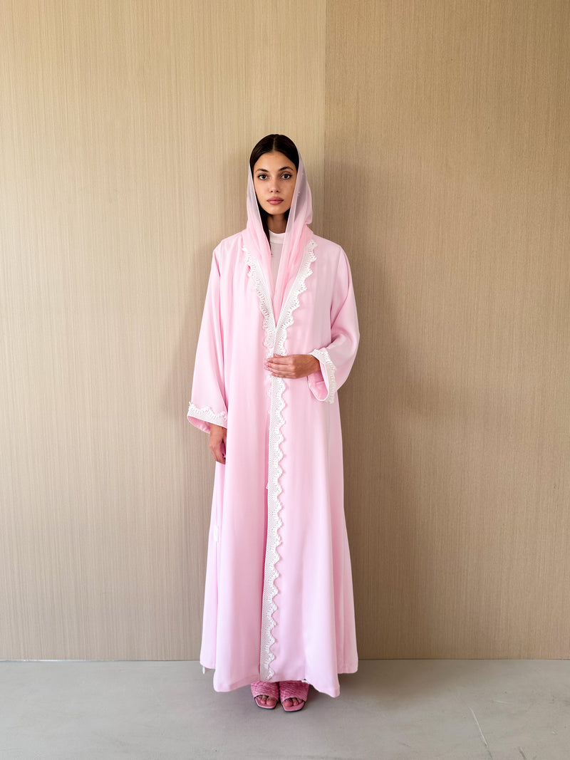 Zainah Cut Abaya in Pink With White curvy Emb Lace
