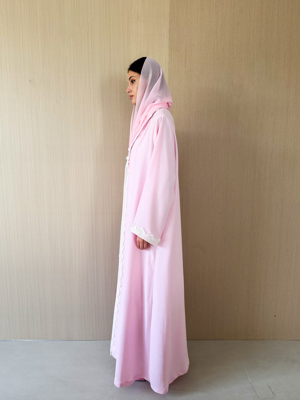 Zainah Cut Abaya in Pink With White curvy Emb Lace
