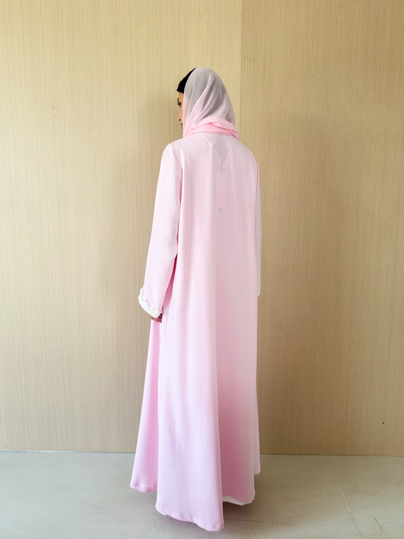 Zainah Cut Abaya in Pink With White curvy Emb Lace
