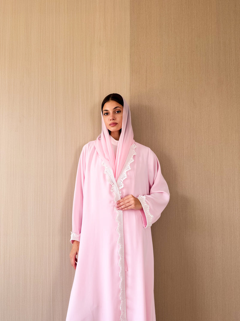 Zainah Cut Abaya in Pink With White curvy Emb Lace