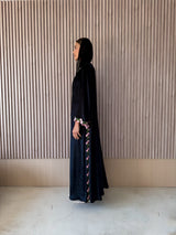 V Neck Abaya - Pink with Green Flower Lace