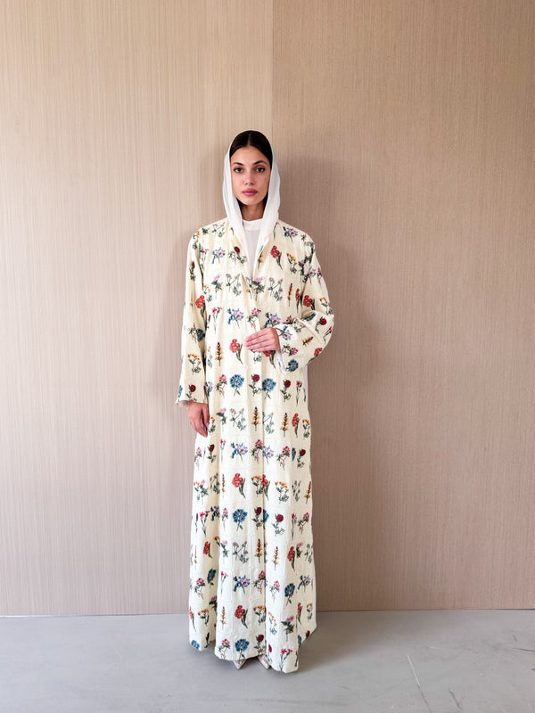 Round Neck Abaya - Mixed Colour Square and Flower Emb