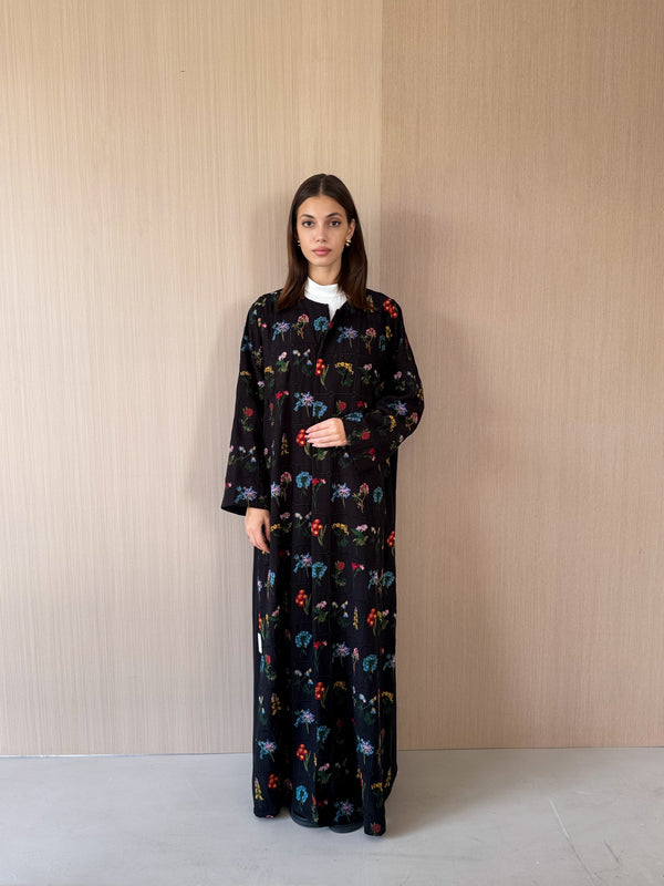 Round Neck Abaya - Mixed Colour Square and Flower Emb. in Black Linen