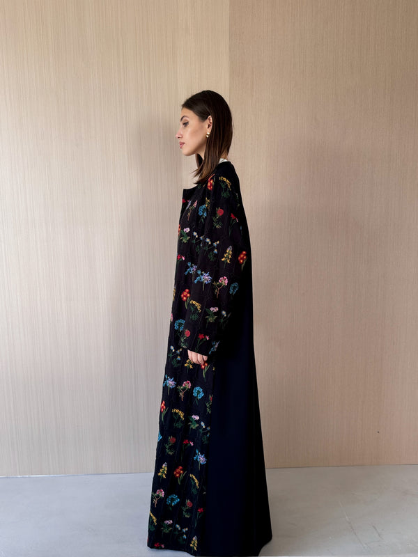 Round Neck Abaya - Mixed Colour Square and Flower Emb. in Black Linen
