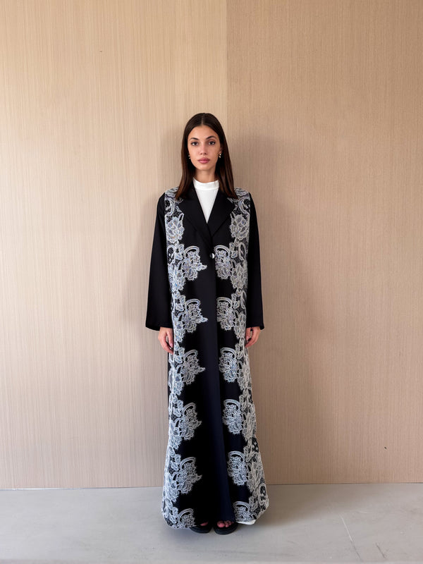 Notched Collar abaya with white crochet lace full front