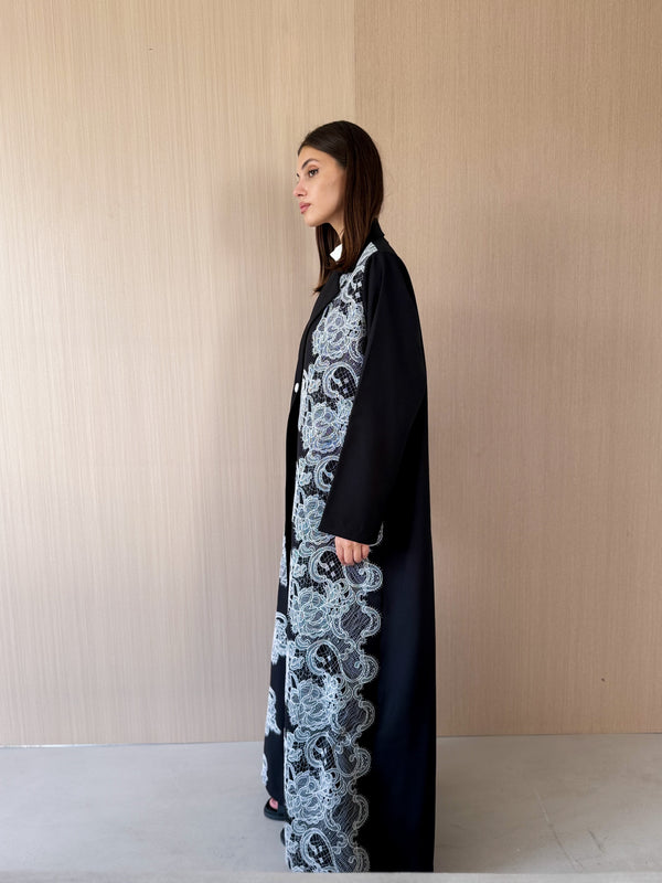 Notched Collar abaya with white crochet lace full front