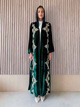 V Neck Abaya - Gold Patch Flower Lace on Front