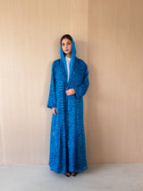 Zainah cut abaya in blue with purple mixed printed pure silk