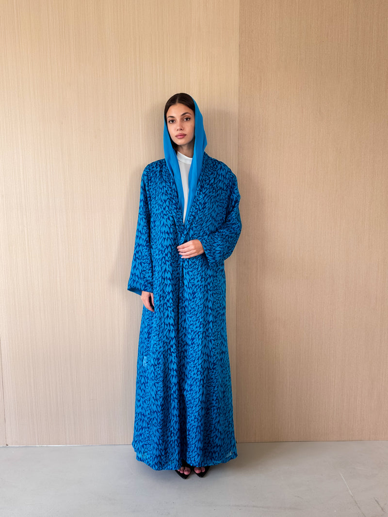 Zainah cut abaya in blue with purple mixed printed pure silk