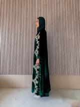 V Neck Abaya - Gold Patch Flower Lace on Front
