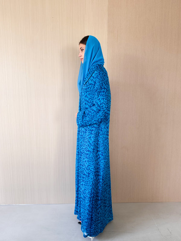 Zainah cut abaya in blue with purple mixed printed pure silk