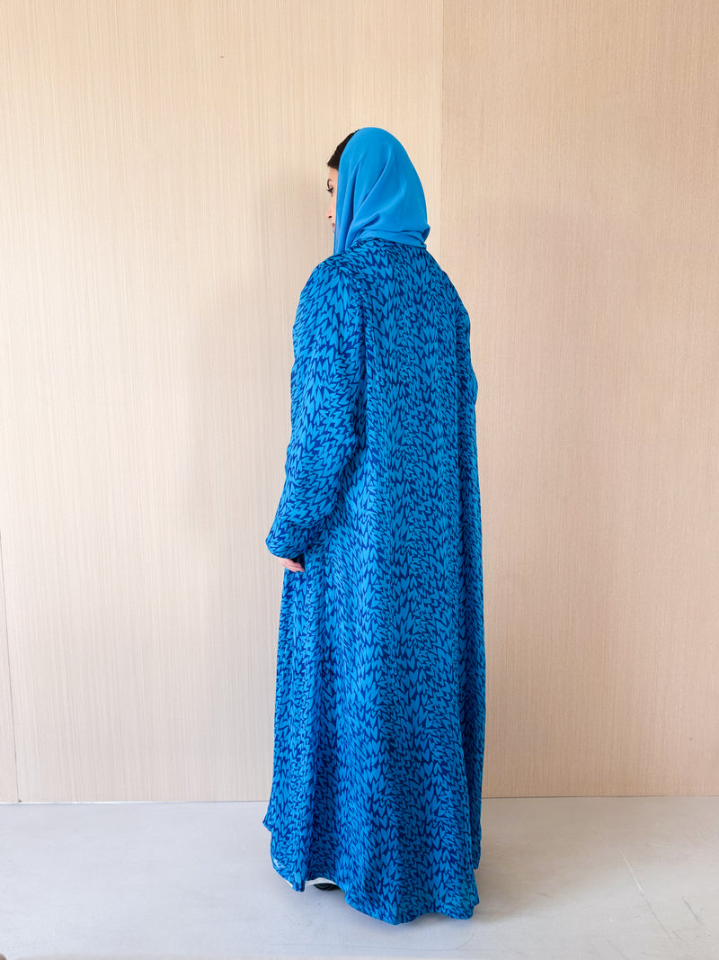Zainah cut abaya in blue with purple mixed printed pure silk