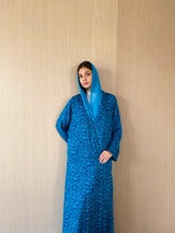 Zainah cut abaya in blue with purple mixed printed pure silk