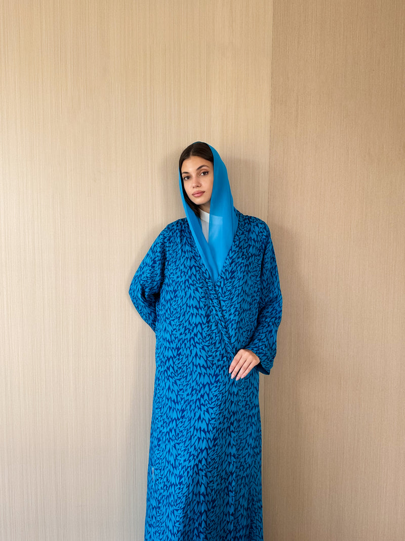 Zainah cut abaya in blue with purple mixed printed pure silk